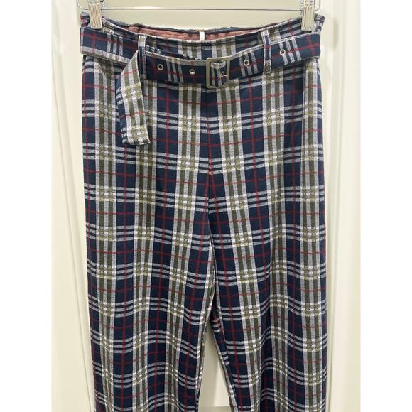 Free People Women's Modern Love High Waist Pull On Plaid Knit Trouser Pants Sz 8 - Picture 2 of 4